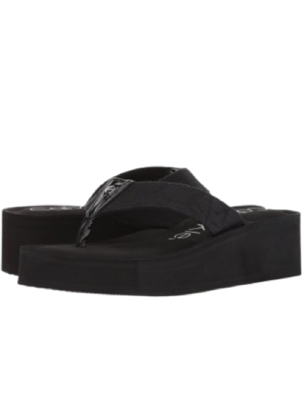 Calvin Klein Women's Mulan Logo Black Wedge Thong Slides Sandals Size 10 NIB